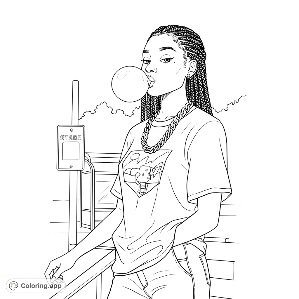 A confident young woman with intricate box braids and a bold graphic tee blows a large bubble gum bubble on a stoop, set against an urban backdrop.