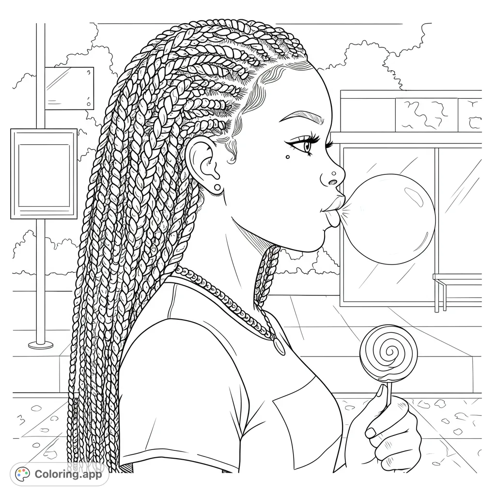 A cool urban girl with box braids blows a huge bubble gum bubble, featuring a blank tee and a gold chain, perfect for creative coloring.