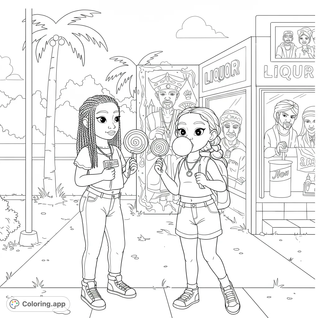 Two girls with lollipops and bubble gum stand before a vibrant street mural, perfect for a fun urban scene coloring page. A free printable coloring page for all ages.