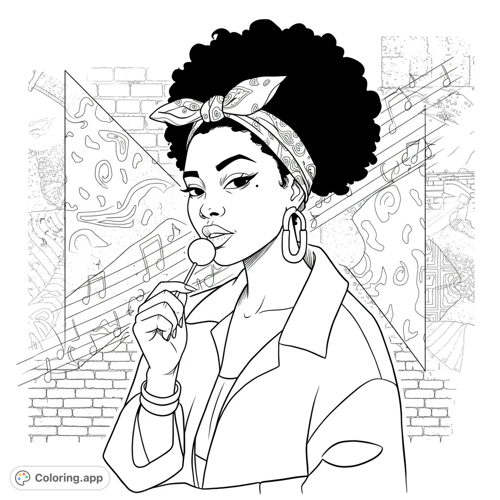 A sassy Black woman with bandana and bamboo earrings holds a sucker against an urban backdrop. An edgy Inglewood coloring page for adults and teens.