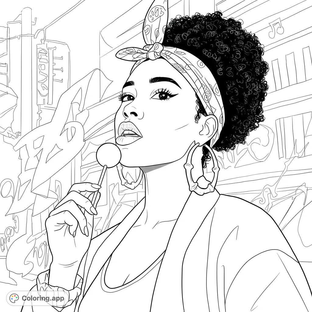 An edgy Inglewood coloring page featuring a Black woman with a vibrant bandana, bamboo earrings, and glossed lips, playfully popping a sucker. Free printable coloring page for adults.