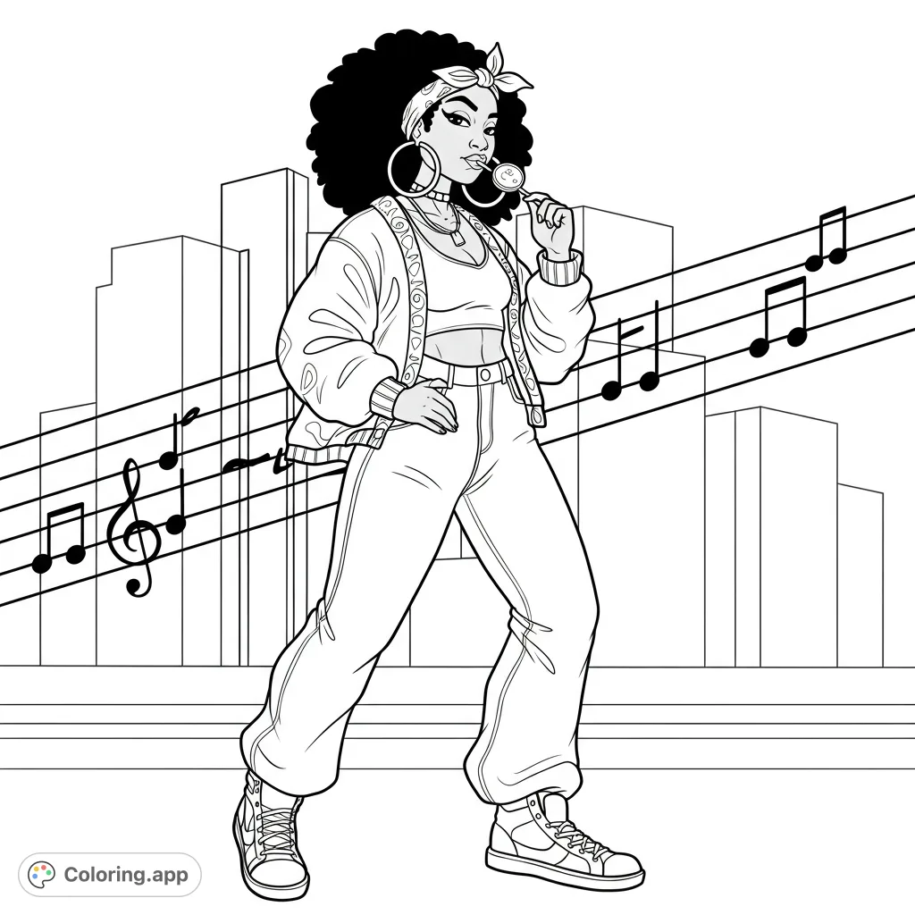 Capture the LA hip hop vibe with this free printable coloring page featuring a sassy Black woman, bamboo earrings, and city blocks. Perfect for hip hop coloring page enthusiasts!