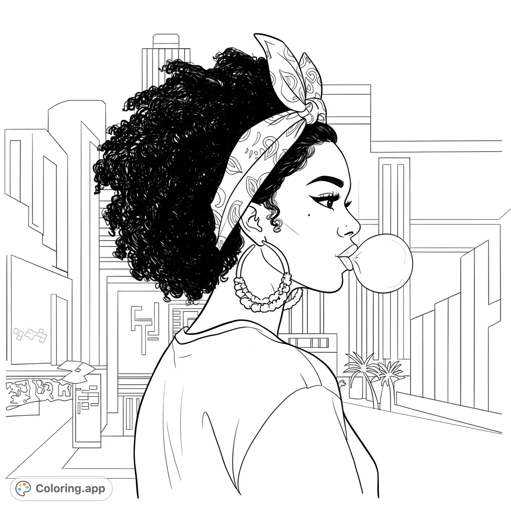 Capture the vibrant R&B spirit of Los Angeles with this edgy, girly Black woman, complete with bamboo earrings and bubble gum, against city lights.