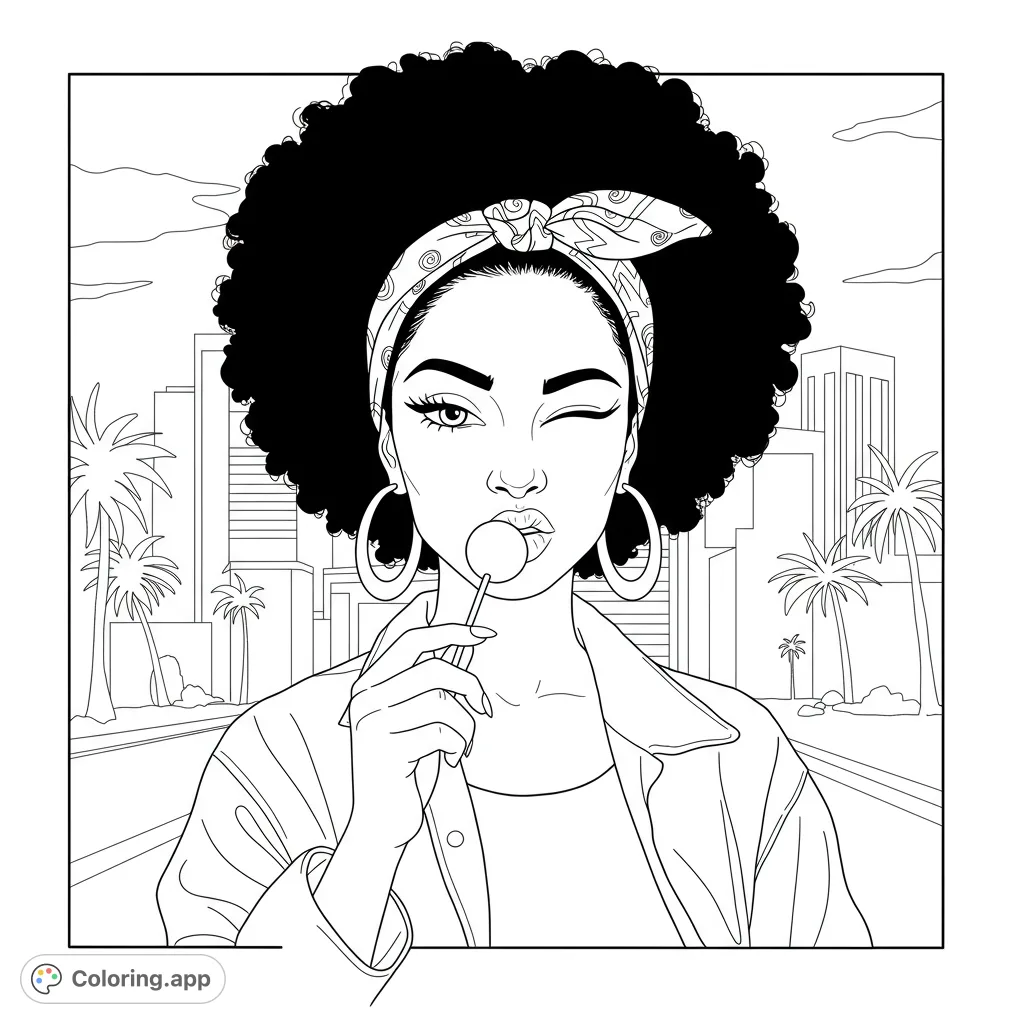 An edgy, girly Black woman in an urban LA setting, featuring bamboo earrings, a bandana, and a playful wink, perfect for a vibrant coloring experience.