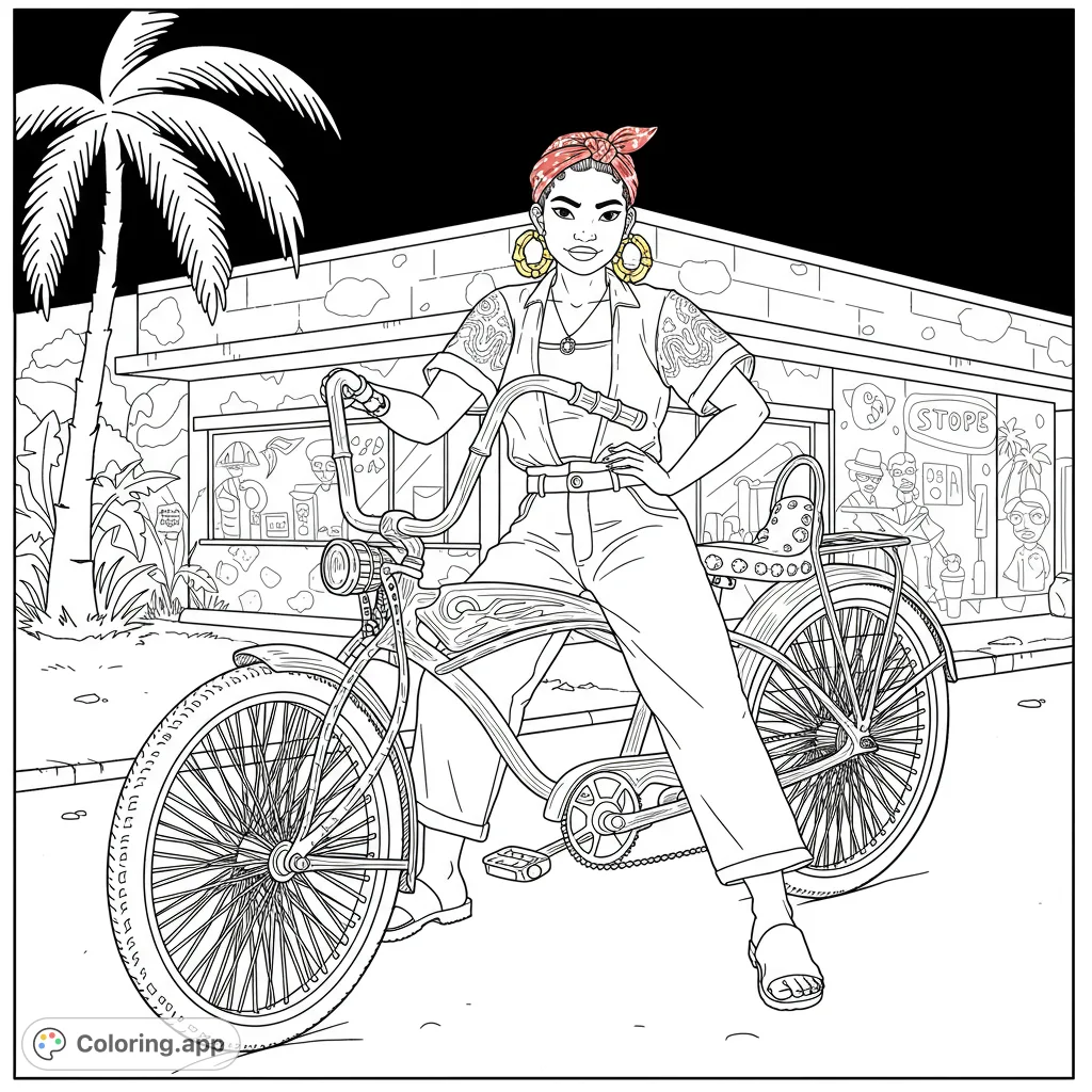 A cool lowrider bicycle coloring page featuring a stylish young woman, gleaming chrome, and urban street art. Perfect for all ages!