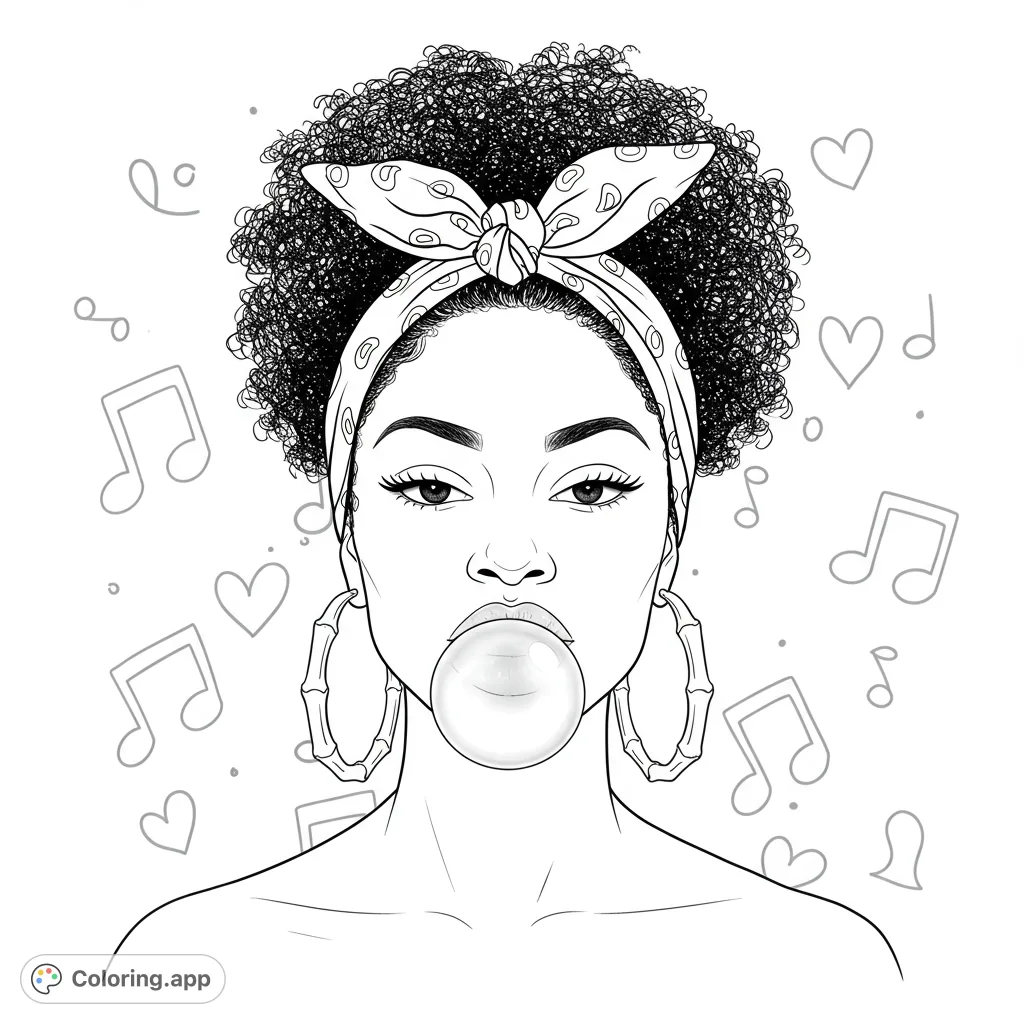 A sassy Black woman with bamboo earrings and a bandana, about to pop a bubble gum bubble, set against a musical heart background. Perfect for a fun coloring page!