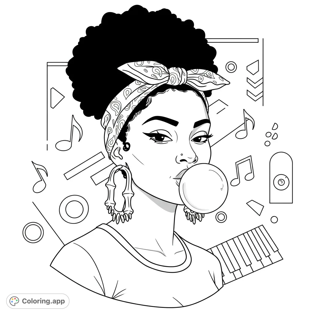 An Inglewood-inspired coloring page featuring a sassy Black woman with a bandana and bamboo earrings blowing bubble gum, set against urban geometric and musical patterns.