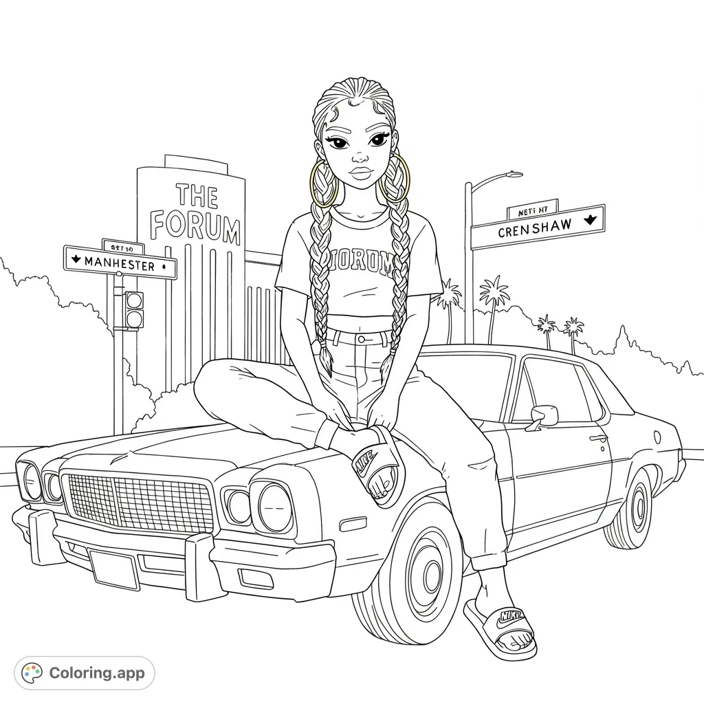 A stylish girl with braids on a classic car, featuring The Forum and street signs. A cool urban fashion coloring page for all ages.