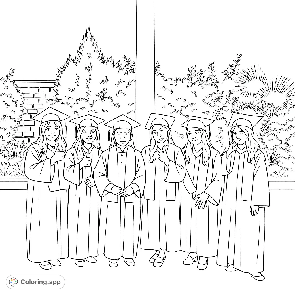 Celebrate academic achievement with this graduation coloring page featuring five joyful young women in caps and gowns, ready for their future.