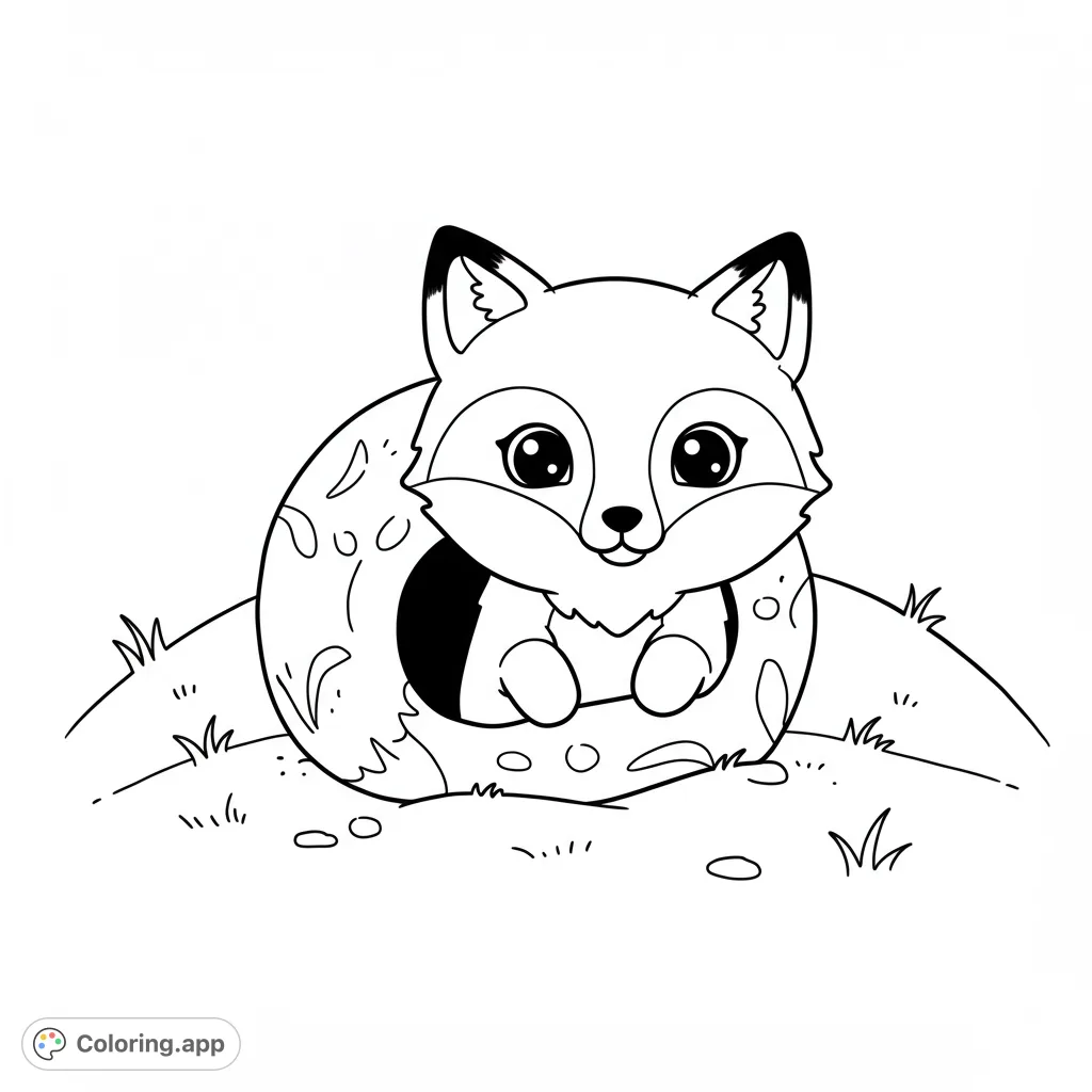 An adorable, chubby baby fox peeks from its cozy den on a hill, drawn in a charming kawaii style. Perfect for a delightful coloring experience!