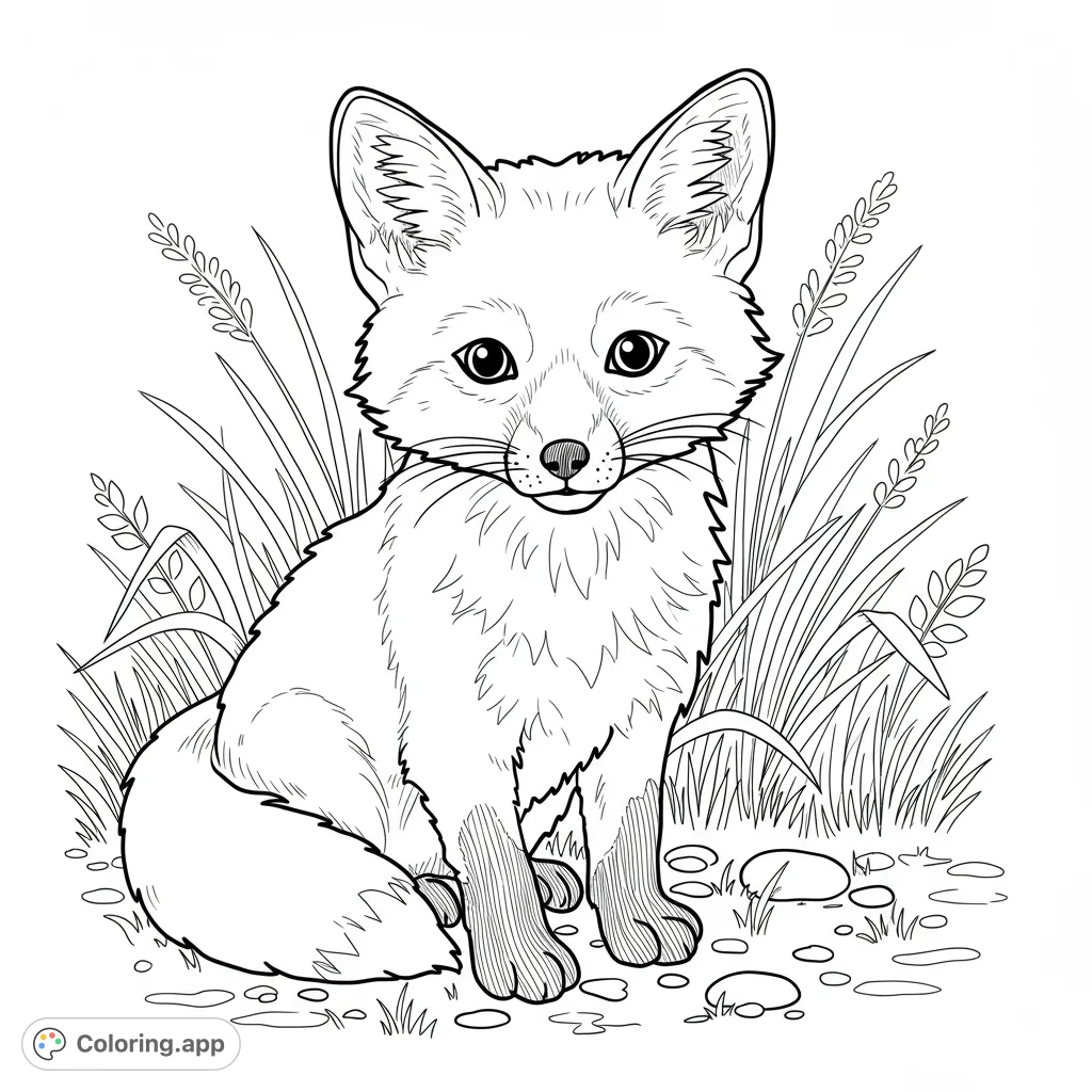 An adorable baby fox coloring page, perfect for nature lovers. This free printable features a curious fox surrounded by detailed grass, offering a delightful coloring experience.