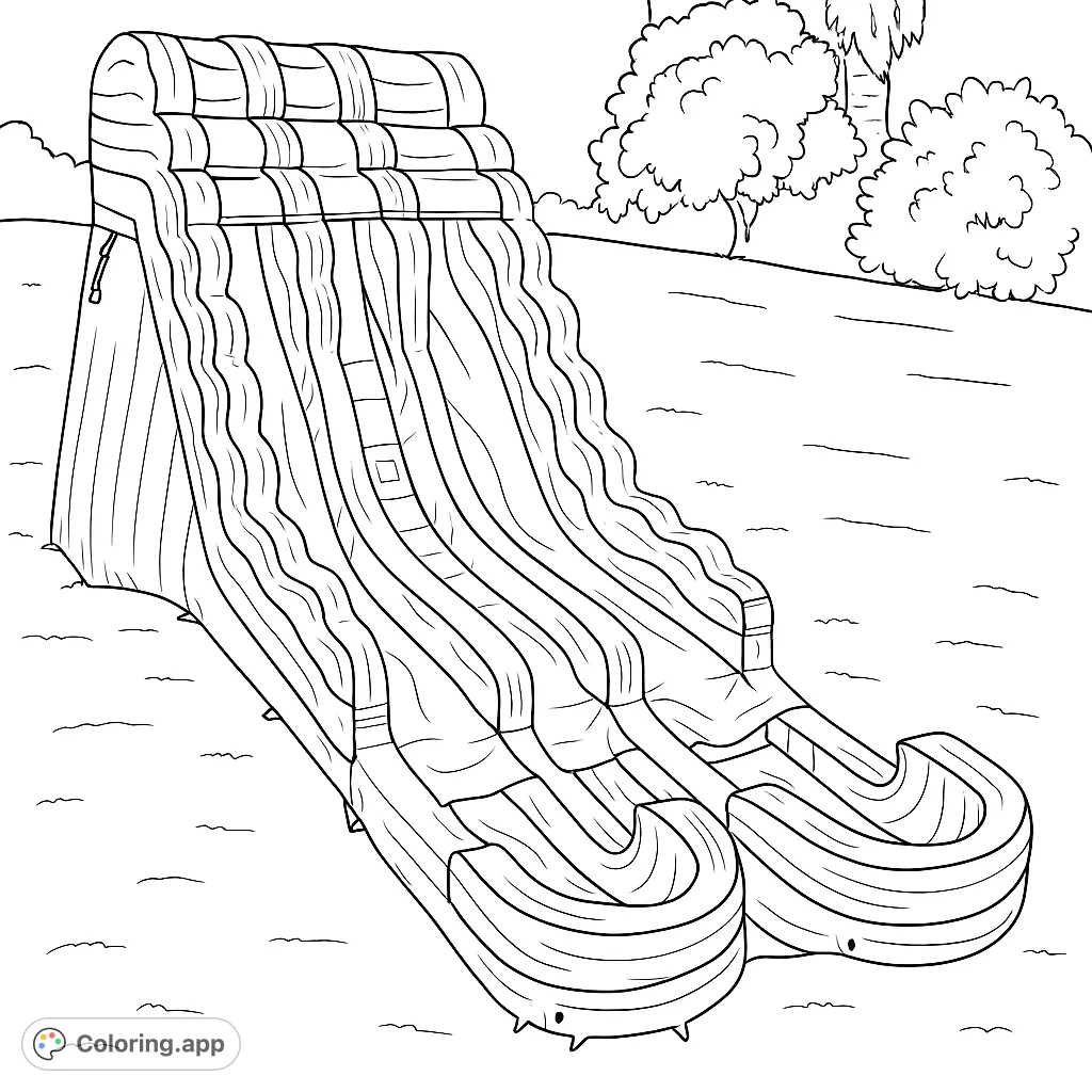 Dive into fun with this multi-lane inflatable water slide coloring page! Perfect for summer, parties, and creative play. A free printable activity.