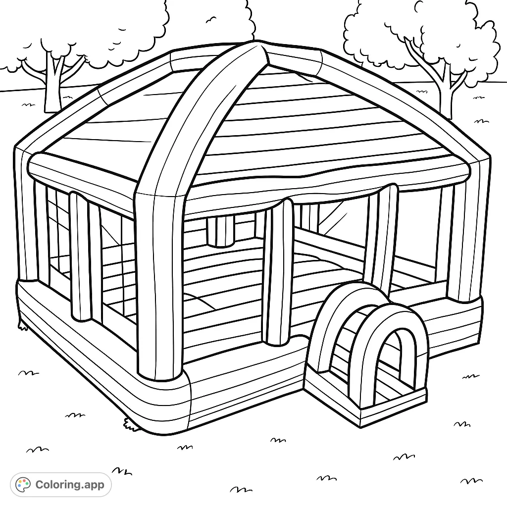 Jump into fun with this hexagonal bounce house coloring page! Features a peaked roof, mesh walls, and an inviting entrance tunnel.