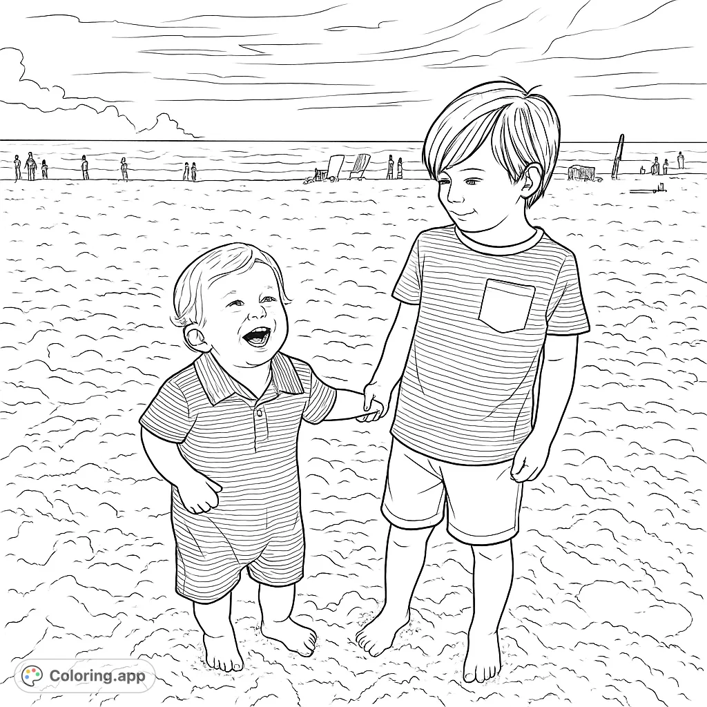 A heartwarming beach scene featuring two happy boys, perfect for a relaxing coloring session. Capture the joy of summer by the sea!