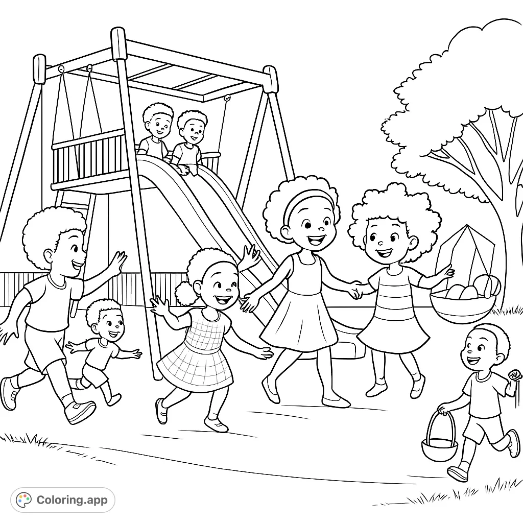 Joyful children play on a vibrant playground with slides and swings, celebrating friendship and outdoor fun. Perfect for young colorists!