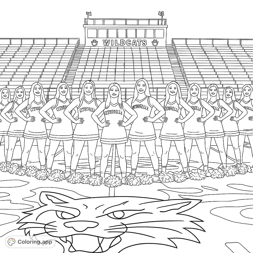 Capture school spirit with 15 cheerleaders on a tiger-striped field, backed by a stadium. A detailed sports-themed coloring page for all ages.