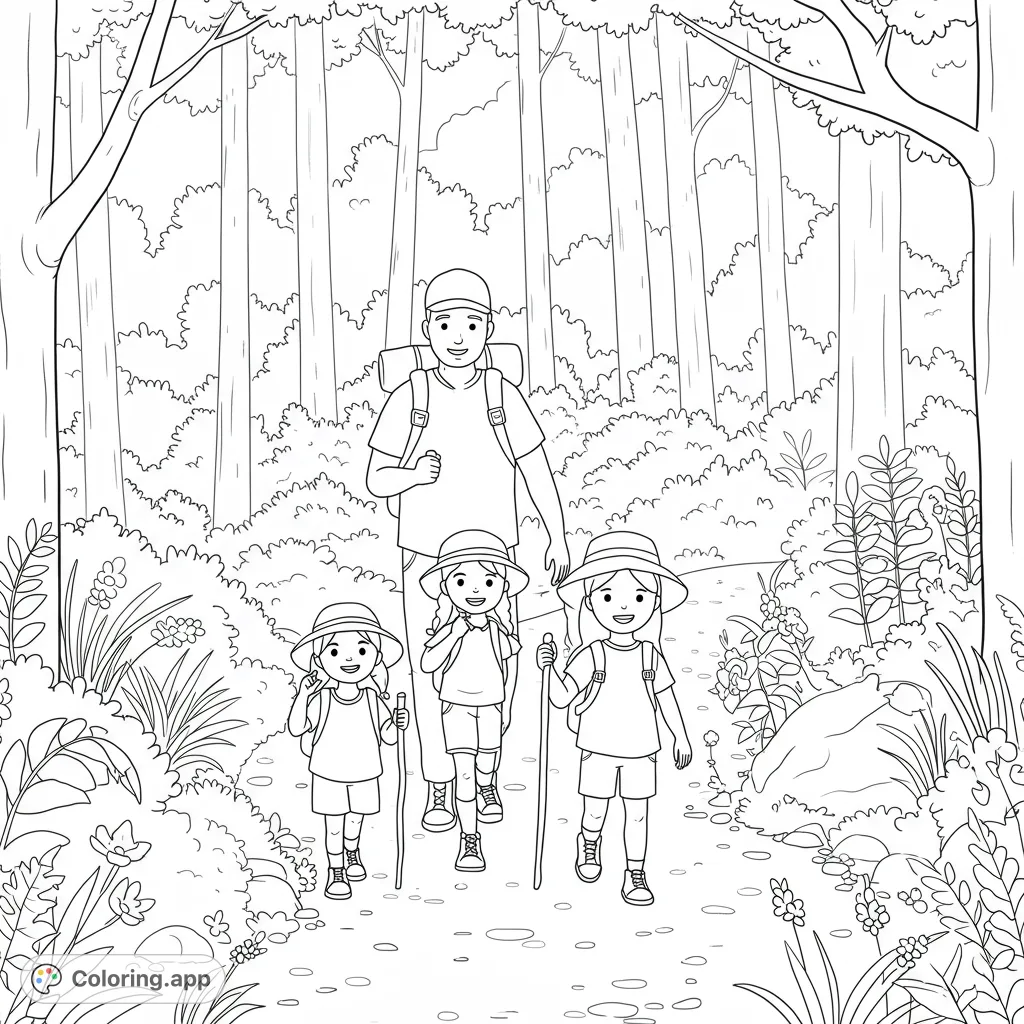 A family of four, including two girls, on a quiet forest path with backpacks and walking sticks, ready for a nature adventure.