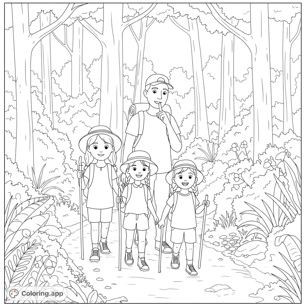 A family of four, including two girls, on a quiet forest path with backpacks and walking sticks, ready for a nature adventure.