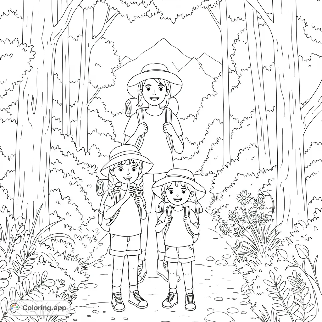 A delightful family hiking coloring page featuring two girls and their parents on a forest path. Perfect free printable for nature lovers and outdoor adventures!