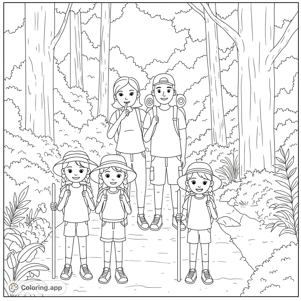 A charming family hiking adventure coloring page featuring parents and two children on a wide trail in the woods, perfect for nature lovers.