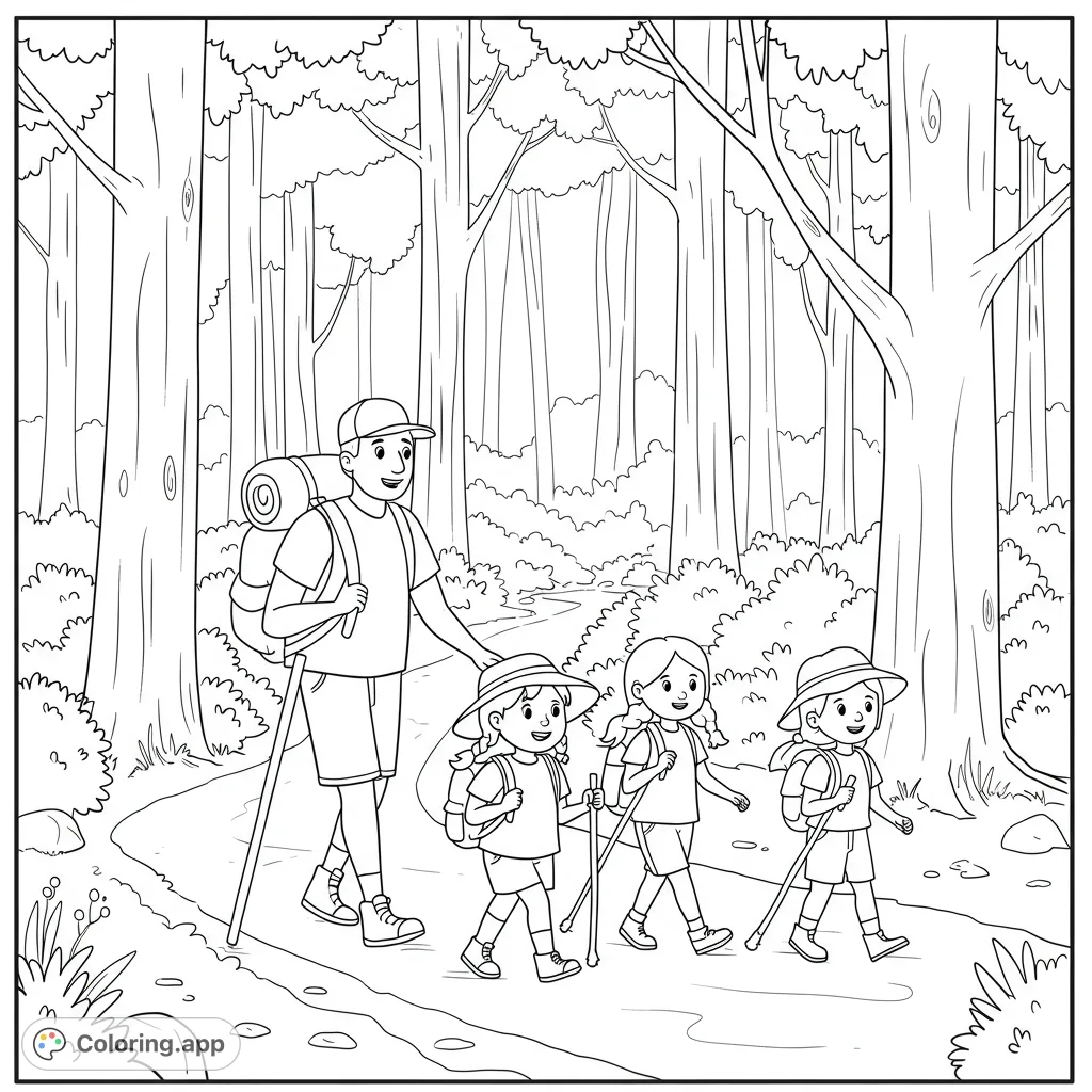 A heartwarming family hiking coloring page featuring a father, two daughters, and mother walking a forest path. Perfect free printable coloring page for all ages.
