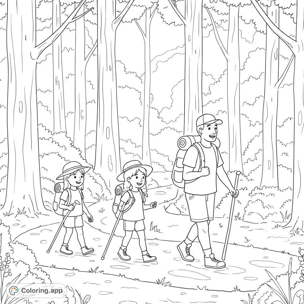 A heartwarming family hiking coloring page featuring a father, two daughters, and mother walking a forest path. Perfect free printable coloring page for all ages.