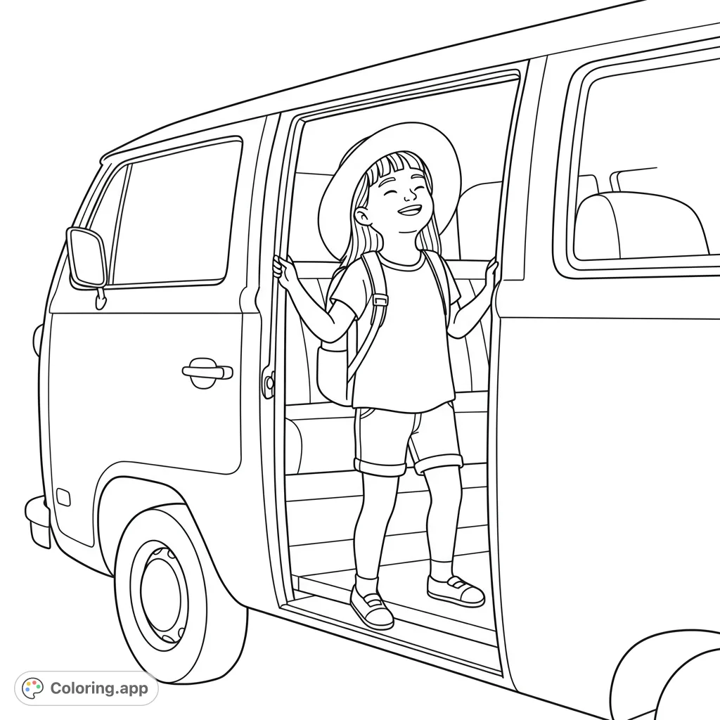 A 7-year-old girl with a floppy hat and backpack steps out of a van, taking a deep breath, ready for adventure. A delightful free printable girl exiting van coloring page.