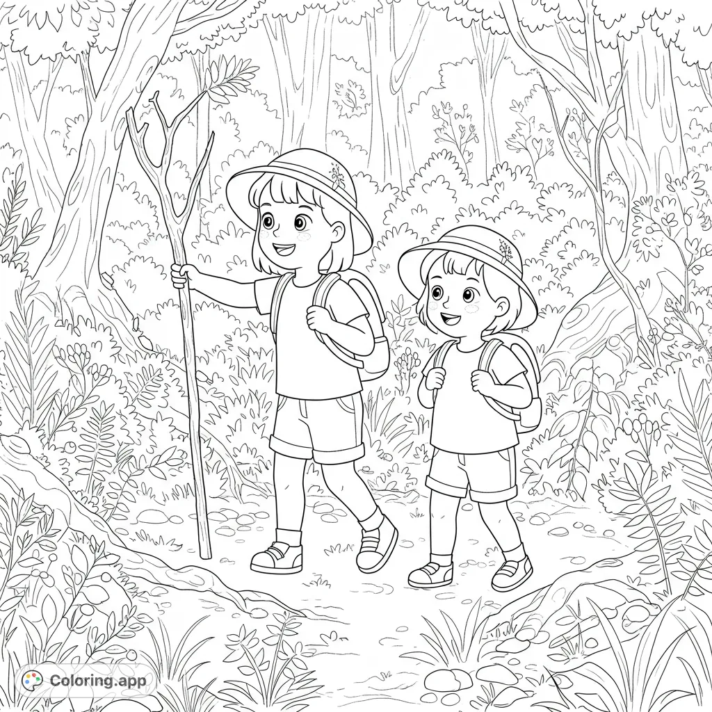 Two joyful girls in floppy hats and backpacks explore a detailed forest underbrush, discovering walking sticks. A charming nature adventure coloring page.