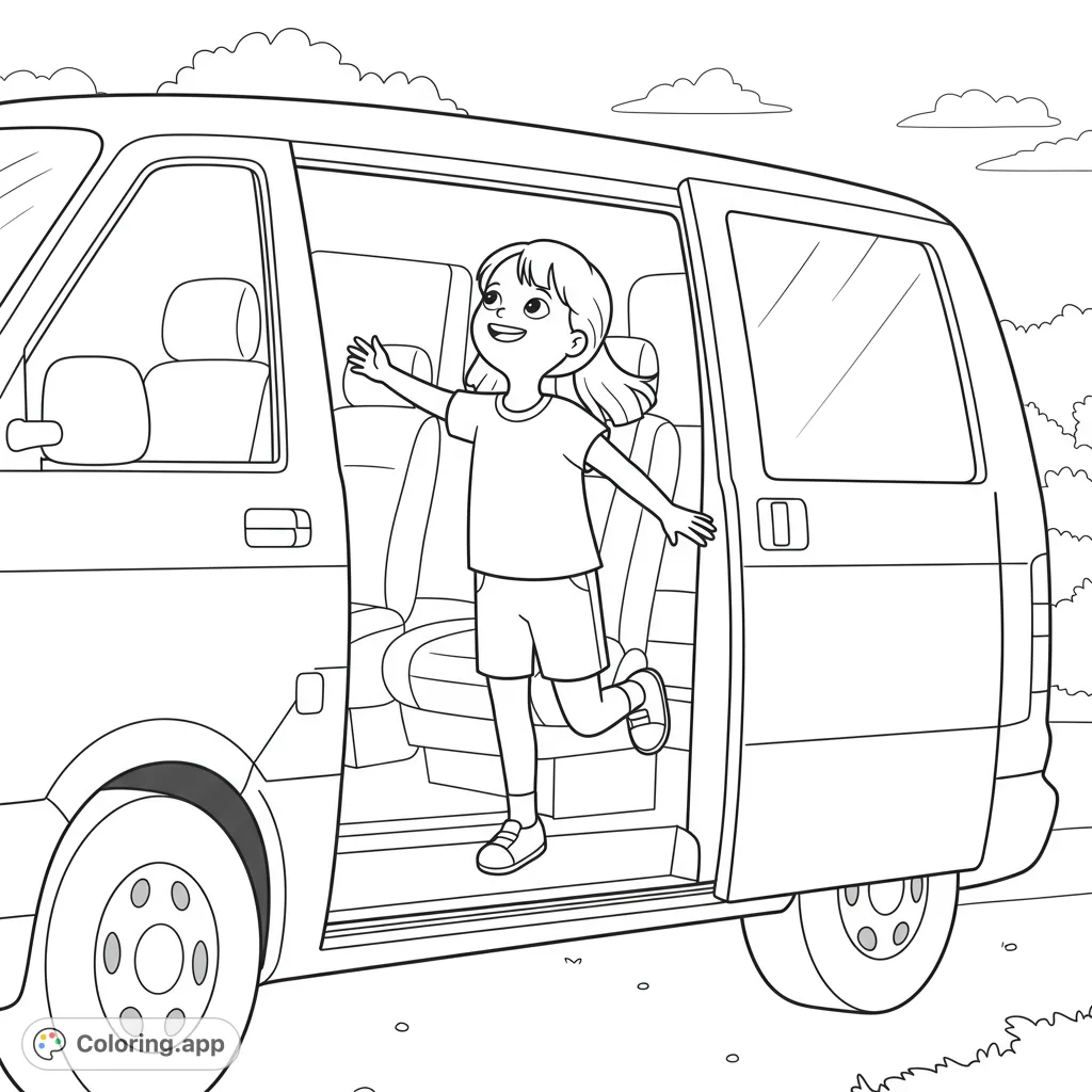 A delightful little girl steps out of a van, taking a deep, happy breath. A charming scene perfect for a free printable coloring page.