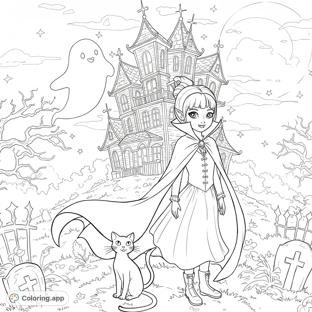 A captivating girl vampire stands before a haunted house at night, accompanied by a black cat and a spooky ghost. Perfect for spooky coloring fun!