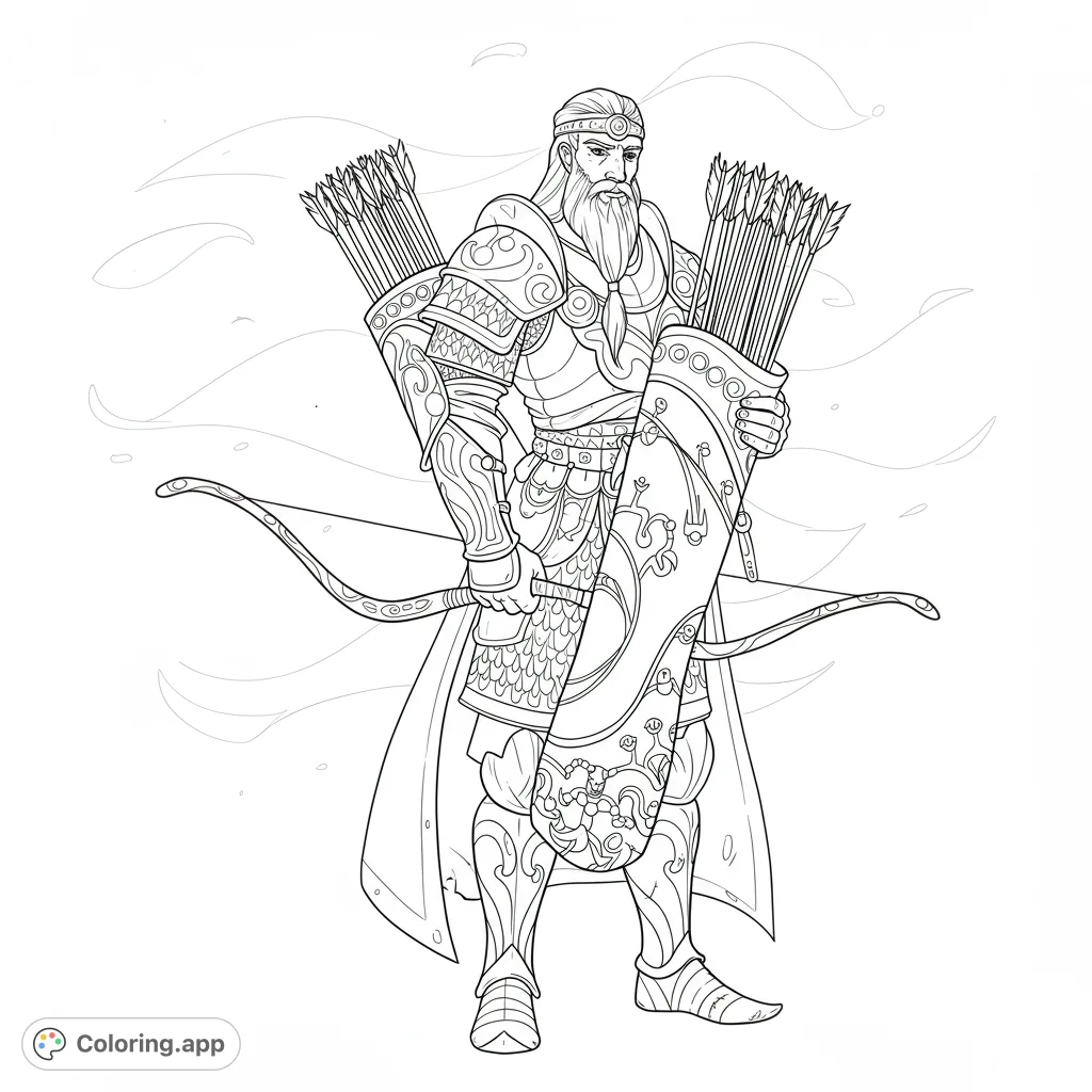 A powerful warrior with a quiver of symbolic arrows, representing heritage and strength. A detailed black and white line drawing for mindful coloring.