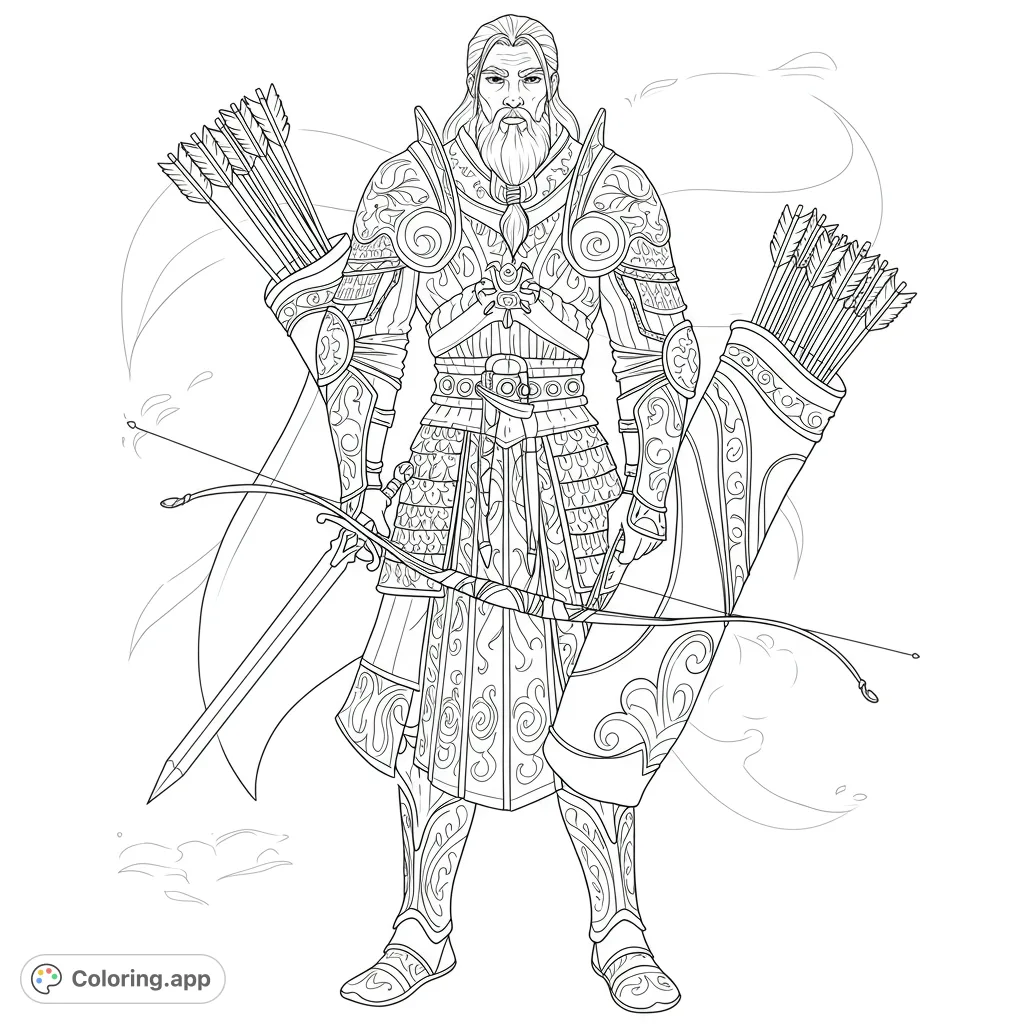A powerful warrior with a quiver of symbolic arrows, representing heritage and strength. A detailed black and white line drawing for mindful coloring.