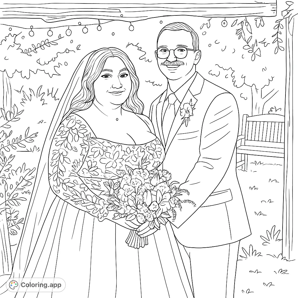 Celebrate love with this beautiful wedding couple coloring page. Features a bride in a lace gown, groom, and floral archway.