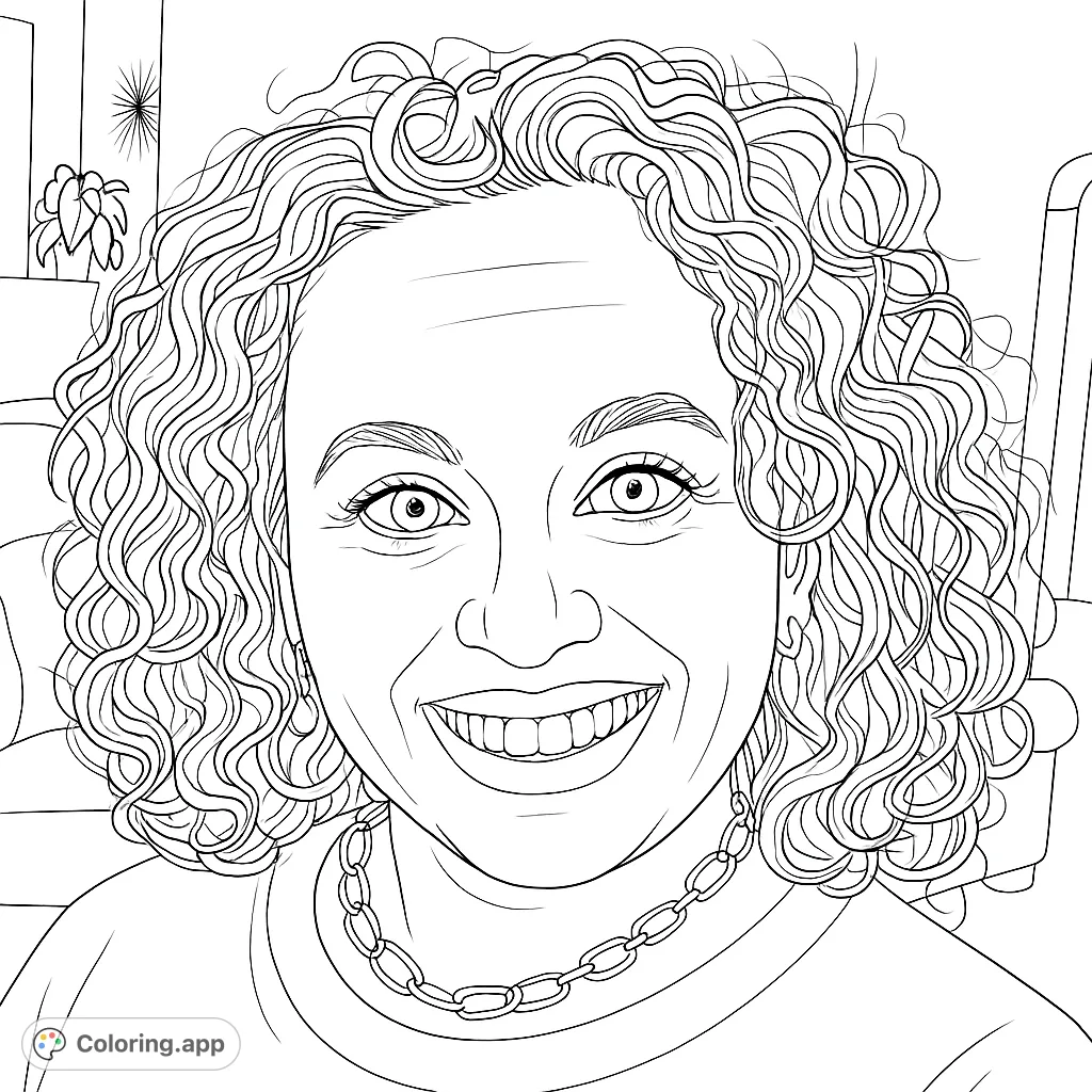 A joyful woman with beautiful curly hair and a radiant smile, adorned with a stylish necklace, ready for your creative touch.