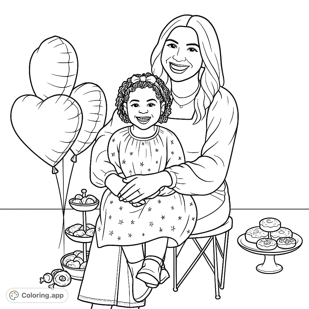 A heartwarming mother and daughter celebration coloring page, featuring smiles, balloons, and sweet treats for a joyful coloring experience.