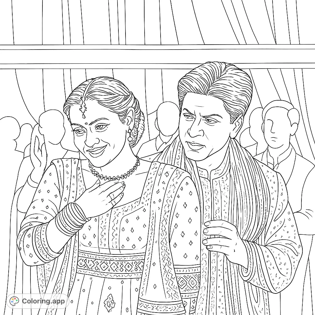 Color a beautiful Indian couple in traditional attire, adorned with intricate jewelry and rich fabrics, celebrating a special moment.