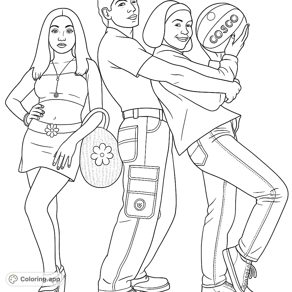 Color a dynamic trio: a woman in a crop top and skirt, a man in cargo pants, and a woman with a basketball, all striking a pose.