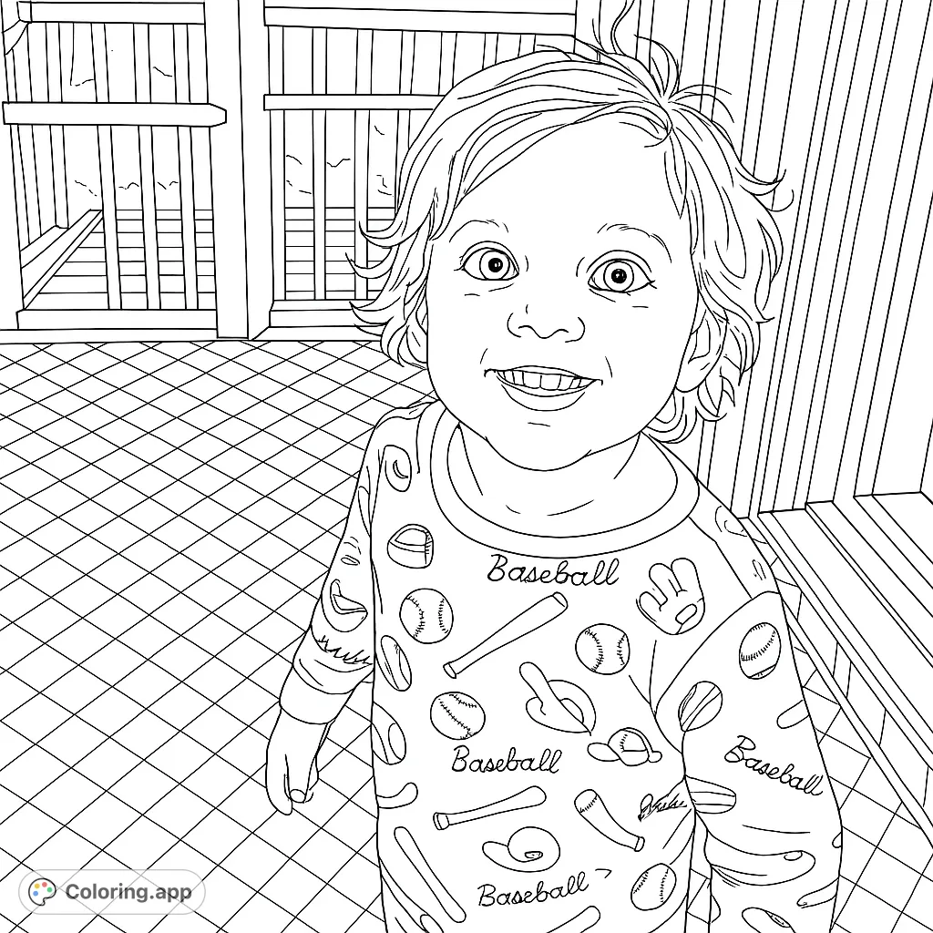 A cheerful toddler in baseball-themed pajamas smiles brightly on a screened porch, ready for a fun coloring adventure. Perfect for young sports fans!