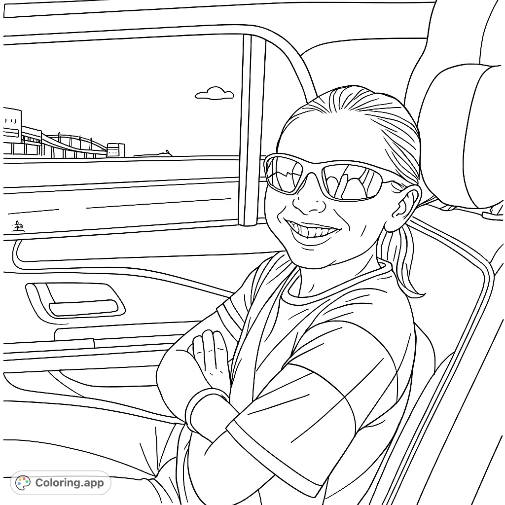 A cheerful child in sunglasses smiles from a car's back seat, ready for adventure. This realistic coloring page captures road trip joy, perfect for all ages.