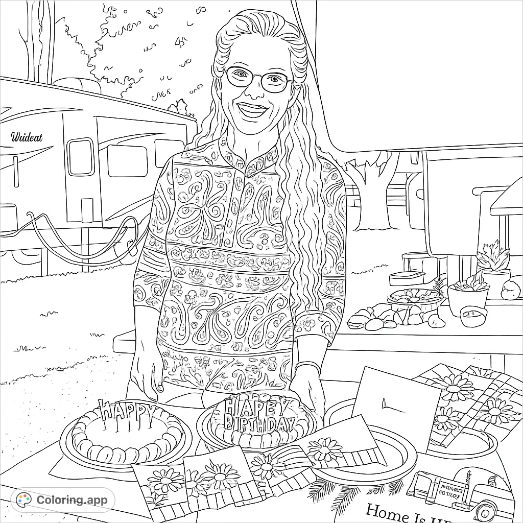 Celebrate with a smiling woman holding two festive pies, surrounded by party decor and an RV, perfect for a joyful coloring experience.