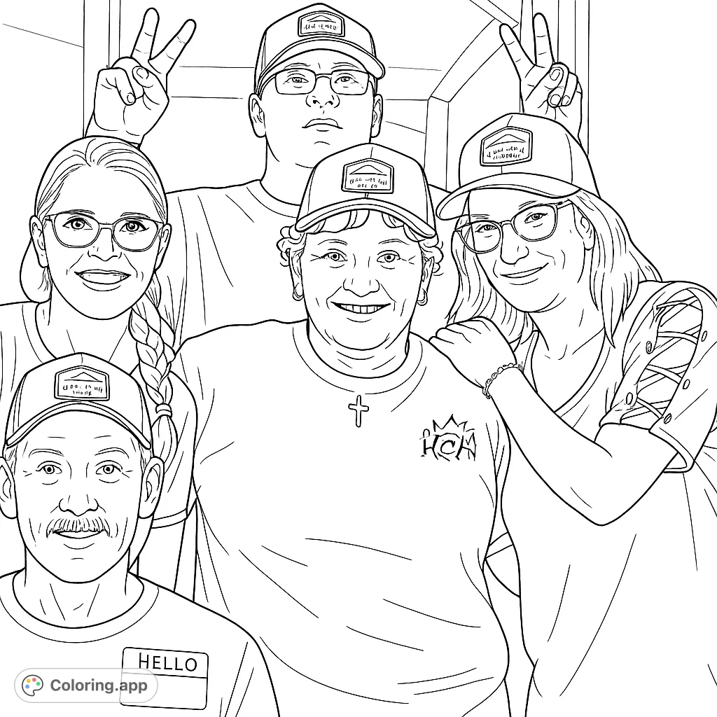Capture the warmth of friendship with this group portrait coloring page, featuring five smiling individuals in a cheerful gathering.