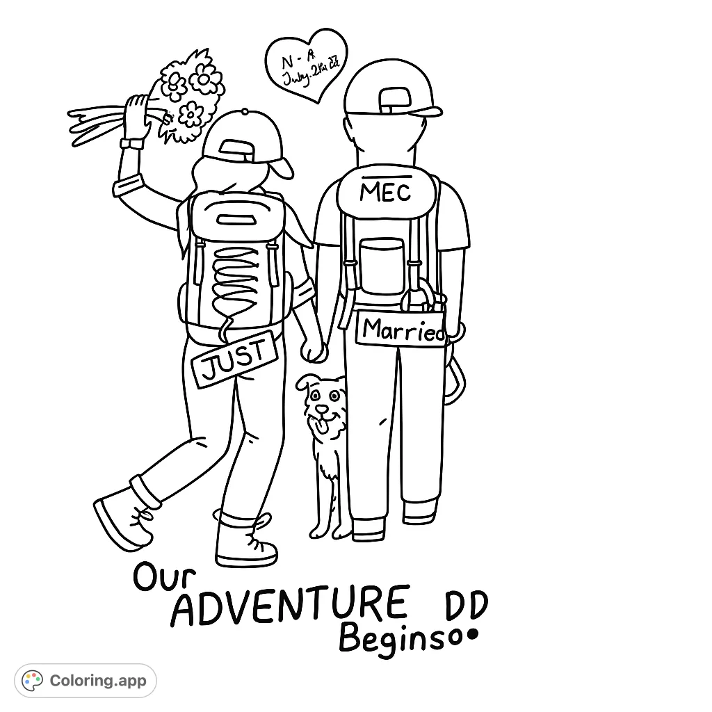A charming adventure couple with their dog, ready for a journey. Perfect for celebrating new beginnings and the joy of shared experiences.