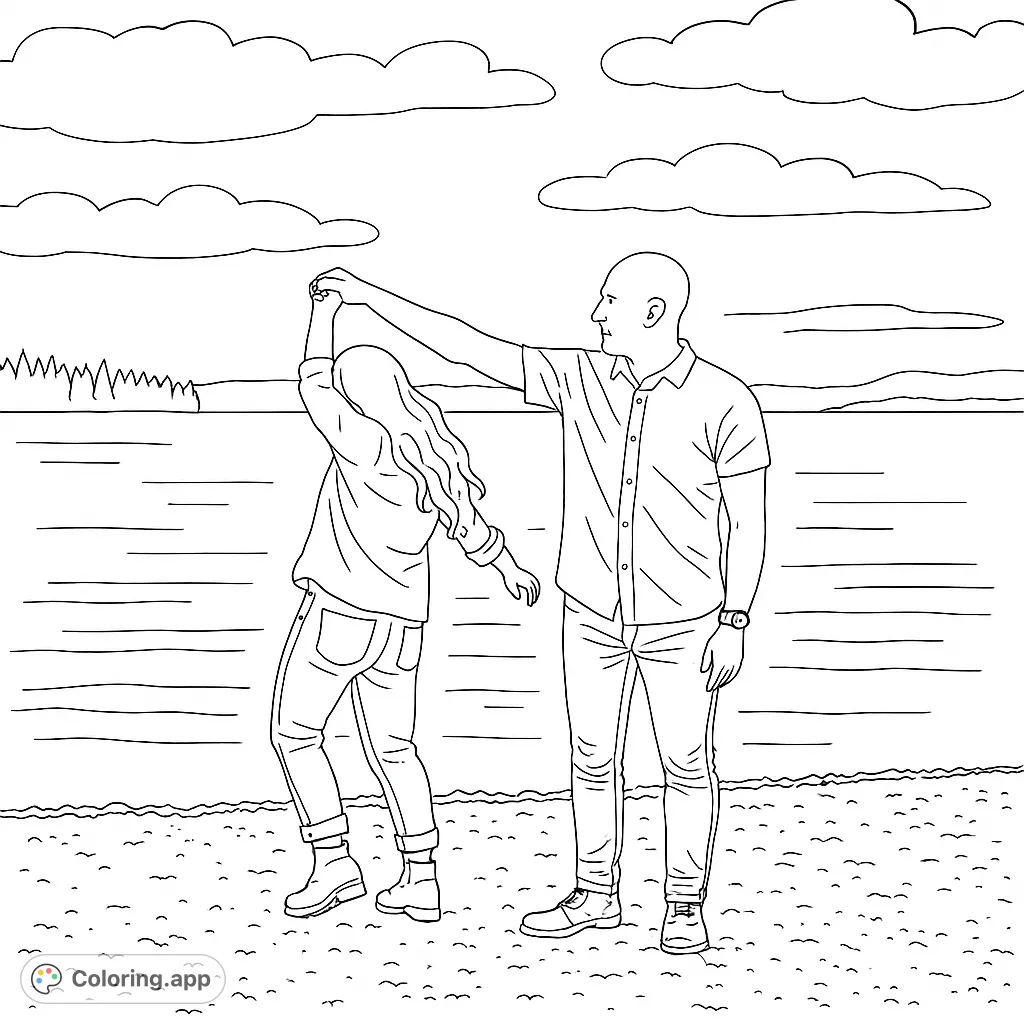 A joyful couple dances by a serene lake. Features a man and woman in a playful pose, with a detailed pebbly shore and distant trees.