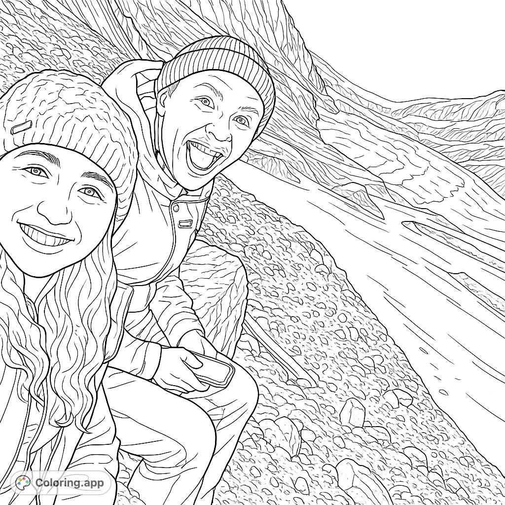 Explore a stunning glacial landscape with two happy adventurers. This mountain adventure coloring page features a serene lake, snow-capped peaks, and rocky terrain.