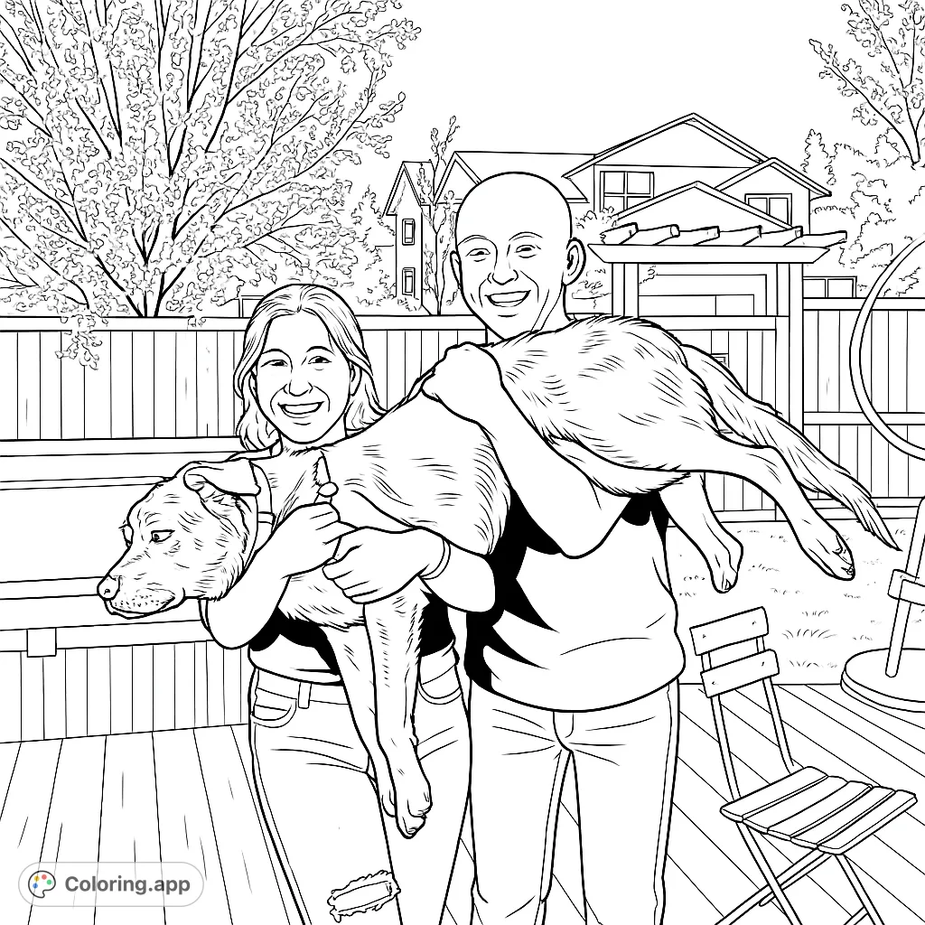 A heartwarming scene of two smiling people holding their large, happy dog on a sunny deck, ready for a burst of color and creative expression.