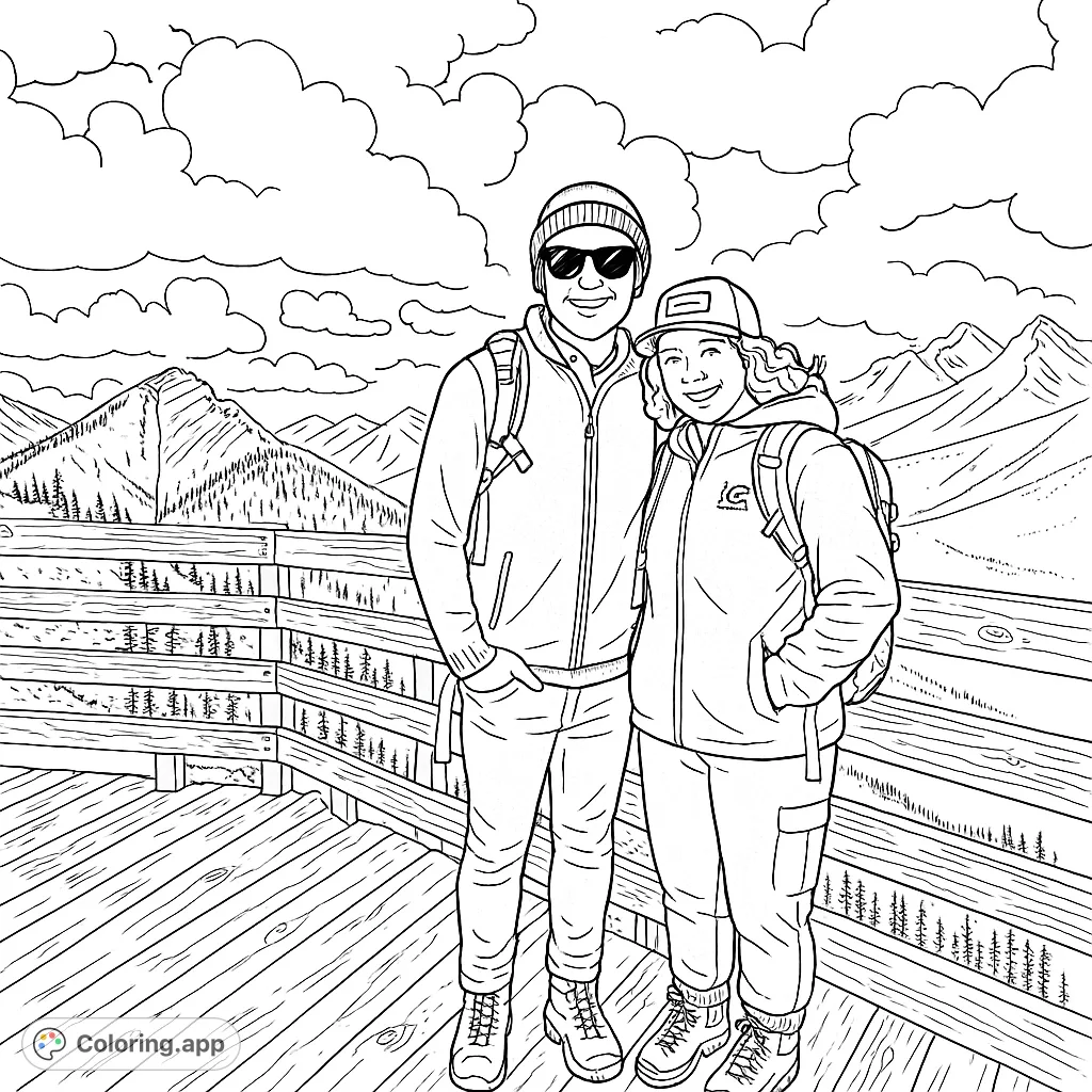 A happy couple on a snowy mountain peak, surrounded by majestic ranges and a cloudy sky. Perfect for a winter adventure coloring page.