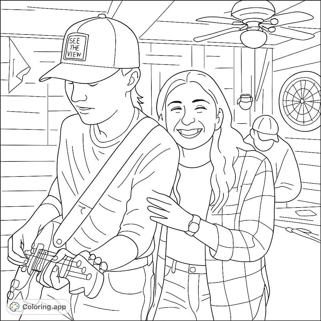 A dynamic music scene featuring a guitarist and a smiling woman, perfect for a fun, free printable music coloring page for kids and adults.