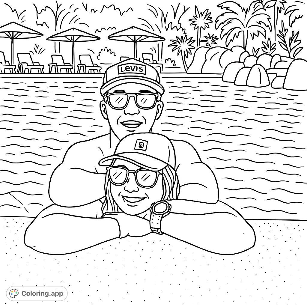A cheerful duo enjoys a sunny day in a swimming pool, featuring detailed water, tropical plants, and poolside elements for a relaxing coloring experience.