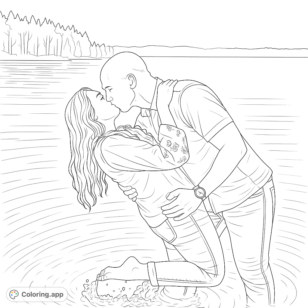 A romantic couple shares a tender kiss in a serene lake, with a dynamic water splash and a peaceful natural background. Perfect for love-themed coloring.