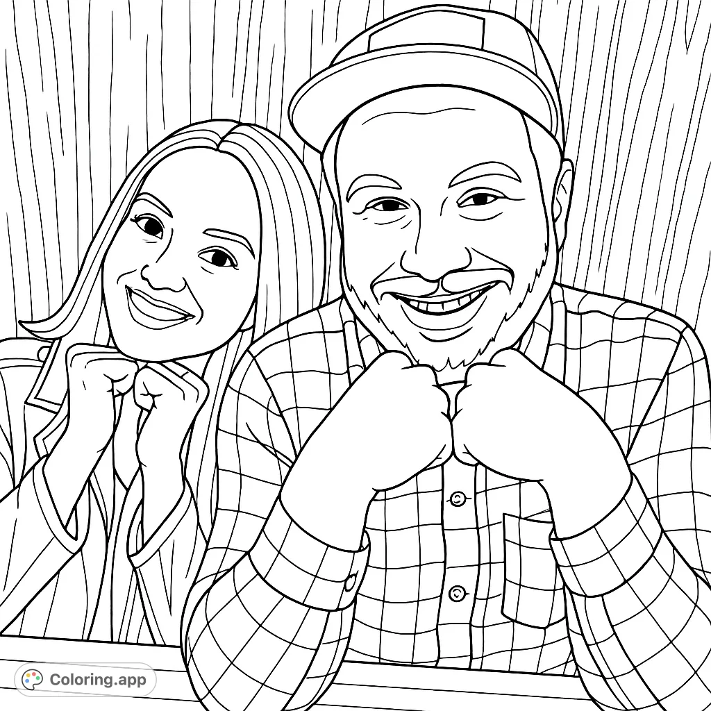 A cheerful couple portrait featuring a smiling woman and man, perfect for a fun and engaging coloring experience. Ideal for all ages.